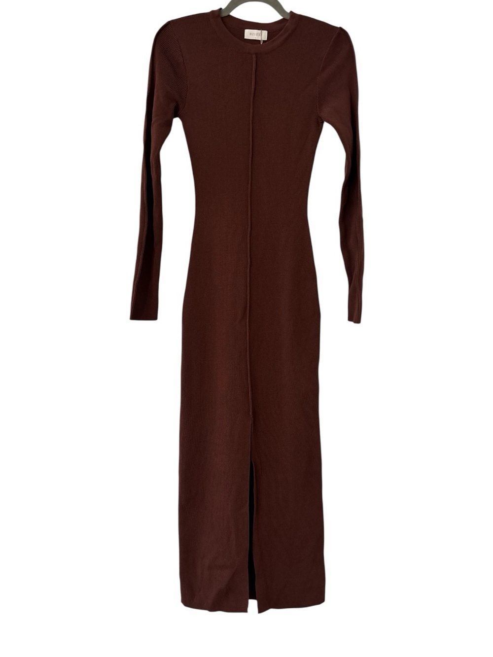 MESHKI Nada Pintuck Detail Knitted Midaxi Dress Light Chocolate Size Small NWT